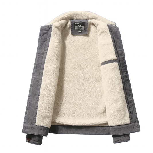 Binnenkant van heren corduroy jas met zachte fleecevoering in crème kleur