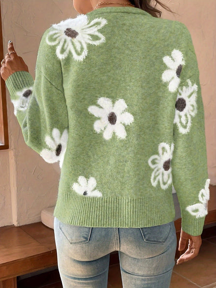Daisy knit cardigan – blomstermønstret strik med V-udskæring