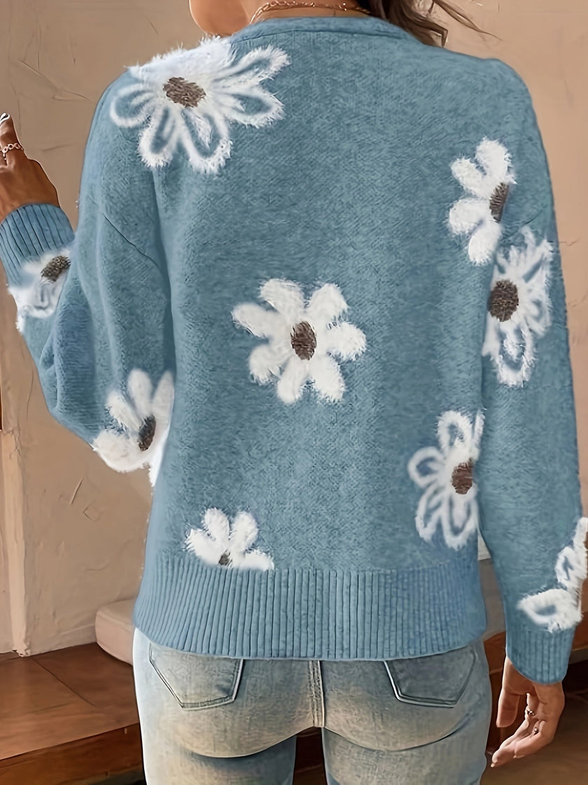 Daisy knit cardigan – blomstermønstret strik med V-udskæring