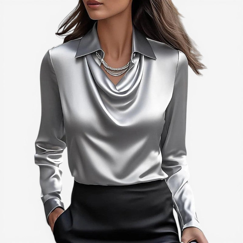 Bluse med høj krave og slim fit pasform – langærmet bluse til hverdag og fritid – Silvéra