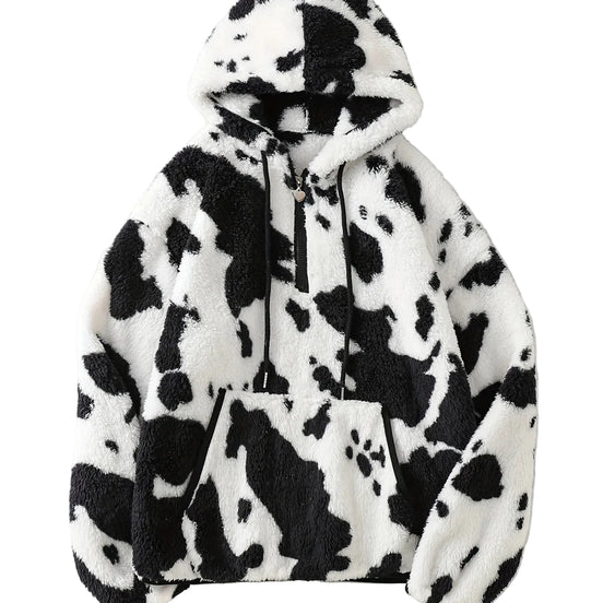 Damehoodie i fleece med ko-print og halv lynlås – Bovellia