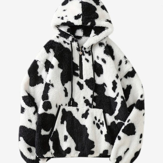 Damehoodie i fleece med ko-print og halv lynlås – Bovellia
