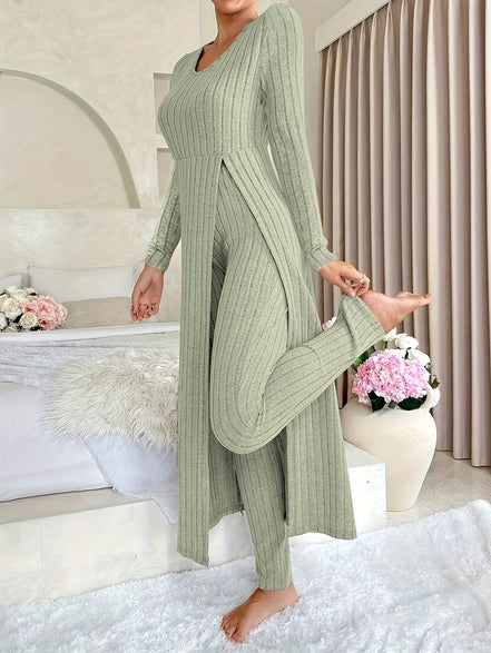 Plaid Two-Piece Sæt – Rundhalset Top med Slids & Matchende Bukser