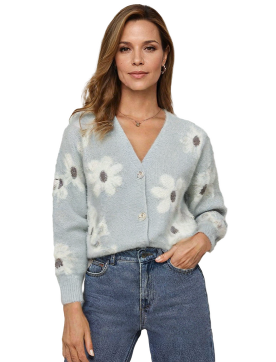 Daisy knit cardigan – blomstermønstret strik med V-udskæring