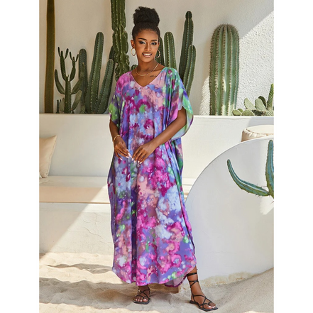 Calira kjole dame – kaftan med V-udskæring og løs pasform