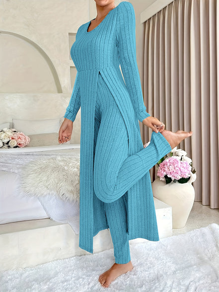 Plaid Two-Piece Sæt – Rundhalset Top med Slids & Matchende Bukser