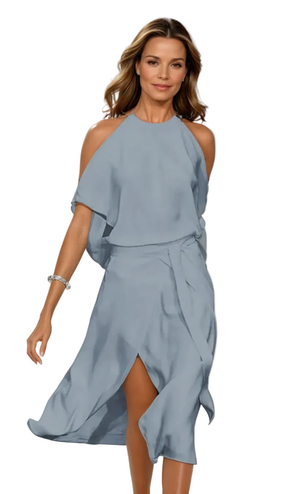 Asymmetrisk kjole med skulderudskæringer og let materiale – kjole til fest og aftenbrug – Velmira