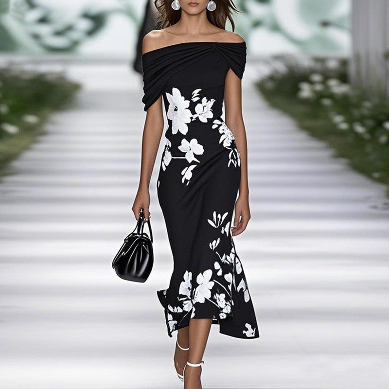 Velmira kjole dame – off shoulder kjole med blomsterprint og slim pasform