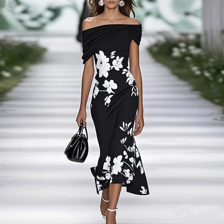 Velmira kjole dame – off shoulder kjole med blomsterprint og slim pasform
