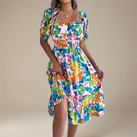 Floréva kjole dame – midi kjole med blomsterprint og off shoulder design