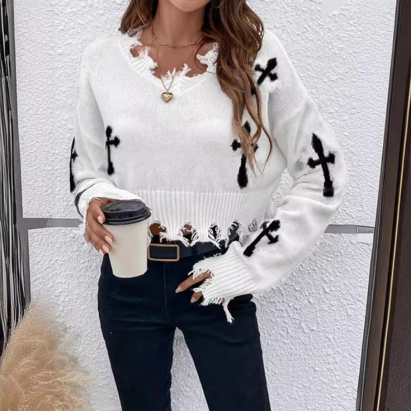 Sorina sweater med print og kvastdetaljer