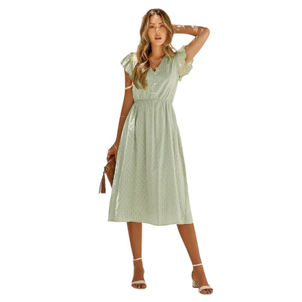 Dame midi kjole uden ærmer med V-hals og høj talje – let kjole til hverdag og fritid – Solmira