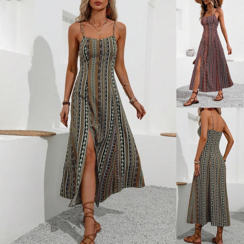 Serava Ærmeløs stribet kjole med stropper og slids