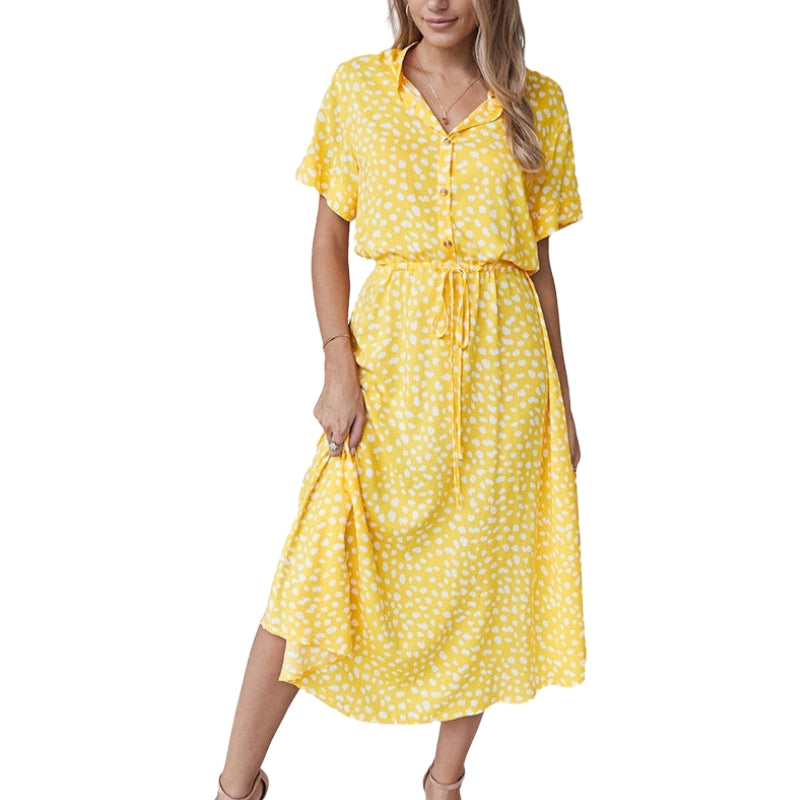 Dame kjole med korte ærmer, justerbar talje og print – afslappet kjole til hverdag og fritid – Velmira