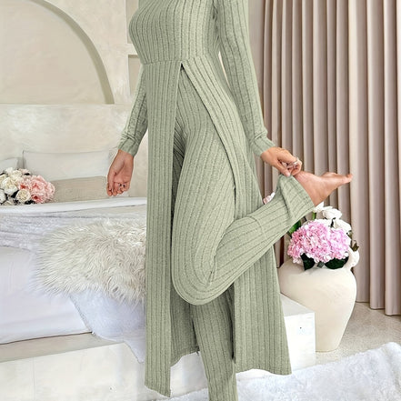 Plaid Two-Piece Sæt – Rundhalset Top med Slids & Matchende Bukser
