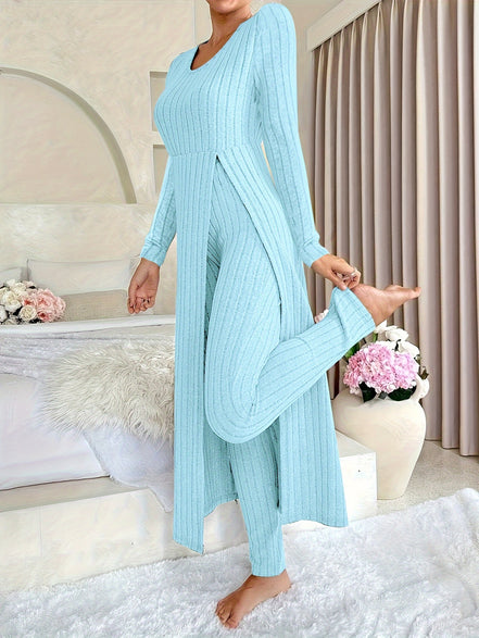Plaid Two-Piece Sæt – Rundhalset Top med Slids & Matchende Bukser