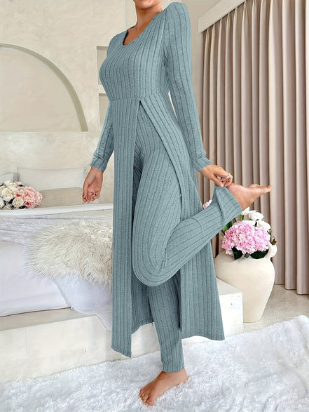 Plaid Two-Piece Sæt – Rundhalset Top med Slids & Matchende Bukser