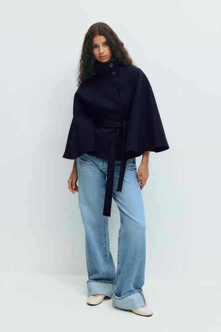 Siv belted cape – lang model med krave og bælte