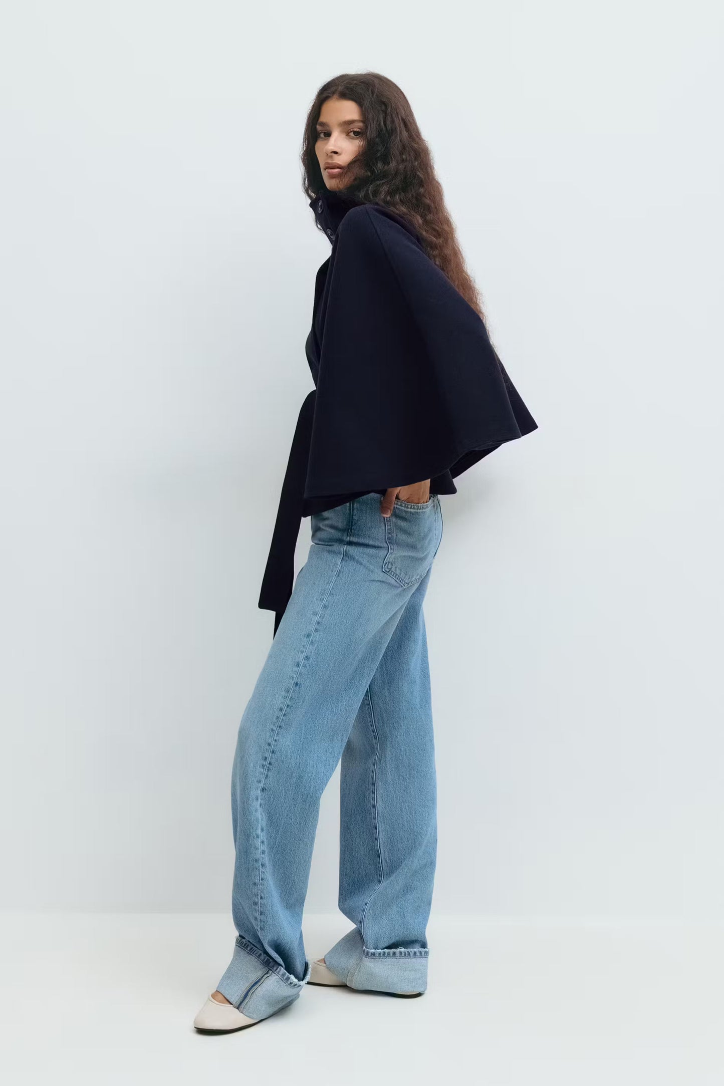 Siv belted cape – lang model med krave og bælte