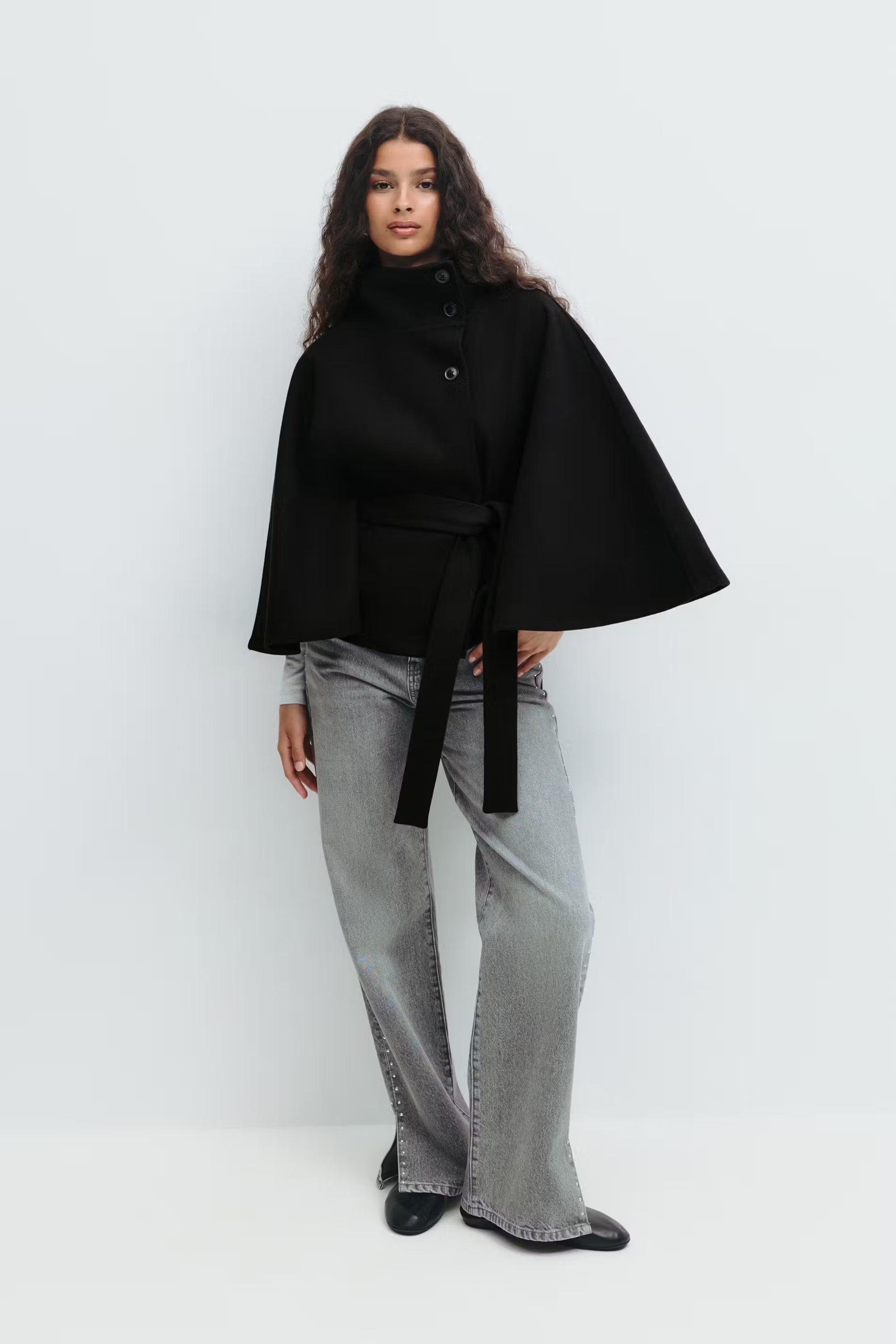 Siv belted cape – lang model med krave og bælte