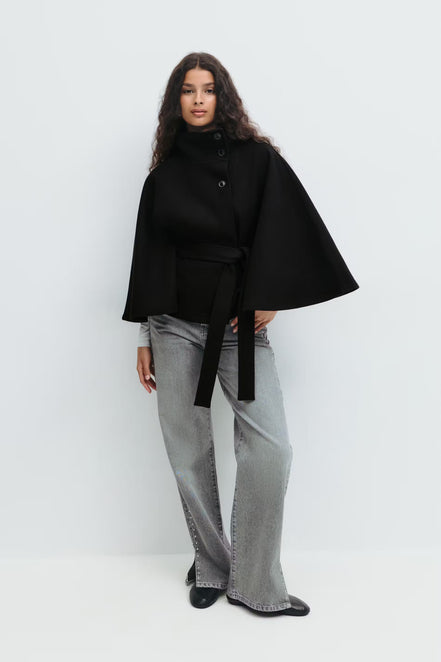 Siv belted cape – lang model med krave og bælte