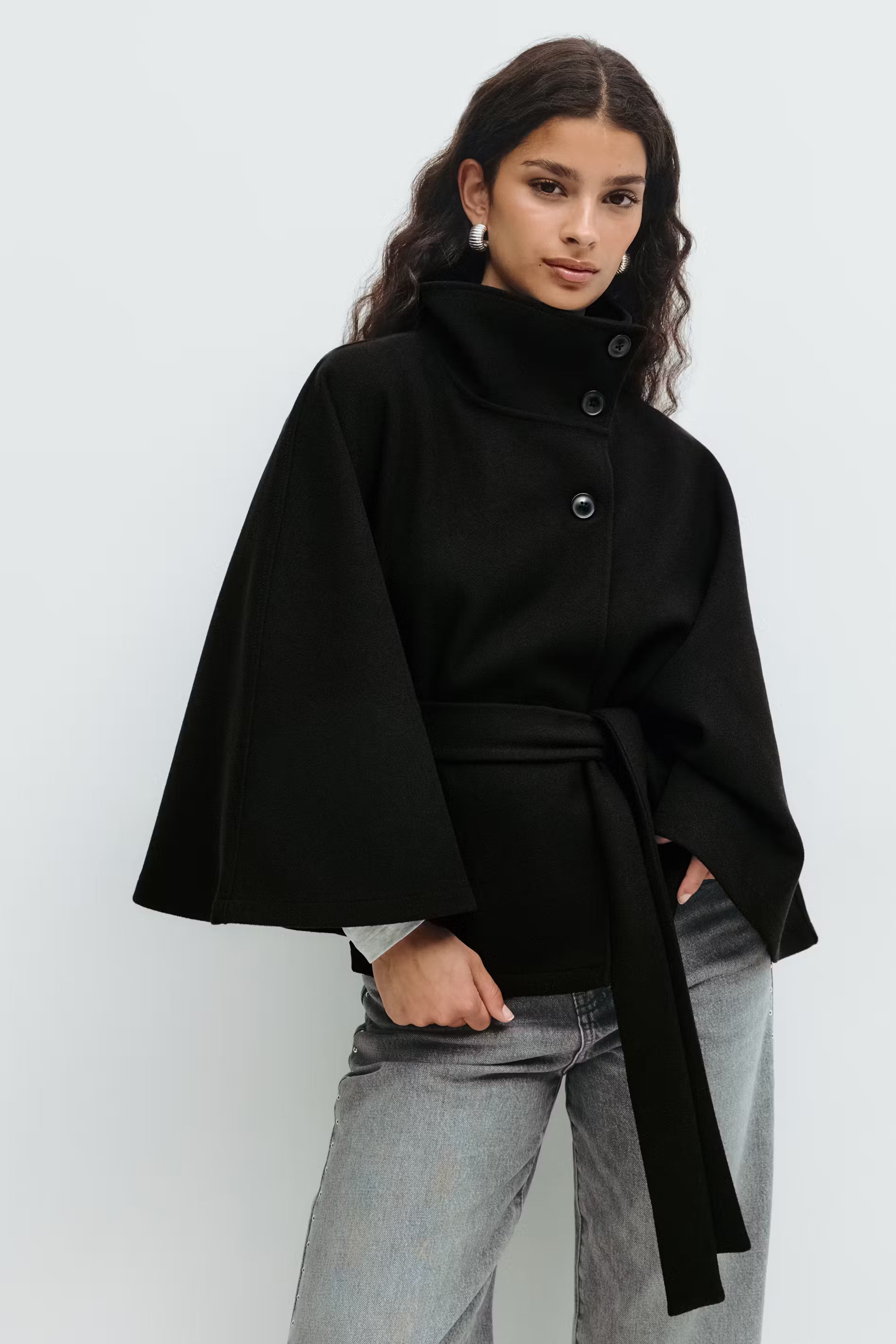 Siv belted cape – lang model med krave og bælte