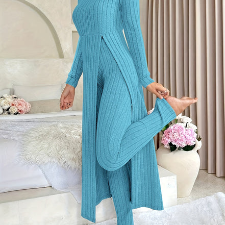 Plaid Two-Piece Sæt – Rundhalset Top med Slids & Matchende Bukser