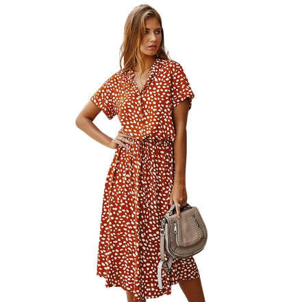 Dame kjole med korte ærmer, justerbar talje og print – afslappet kjole til hverdag og fritid – Velmira