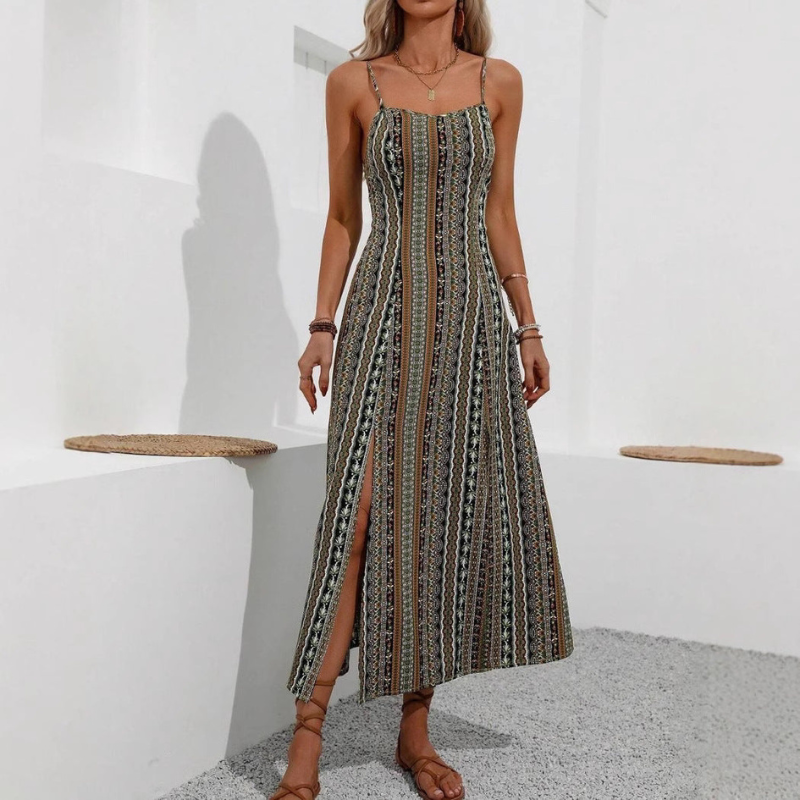 Serava Ærmeløs stribet kjole med stropper og slids