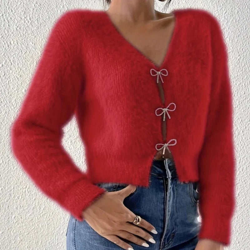 Elvara sweater med V-hals og sløjfedetalje