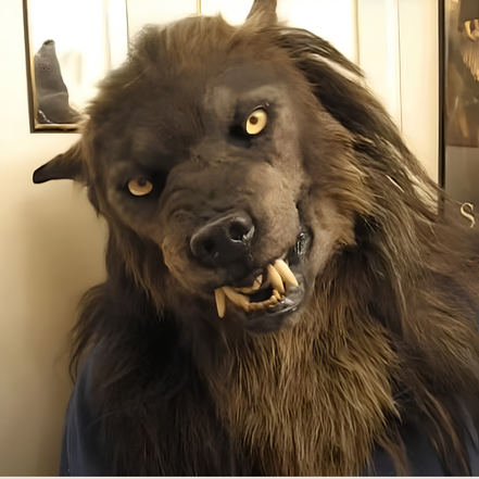 Hnedá latexová maska vlkolaka na celú tvár na Halloween a cosplay – Varkeno