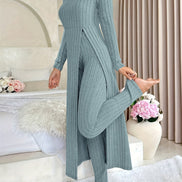 Plaid Two-Piece Sæt – Rundhalset Top med Slids & Matchende Bukser