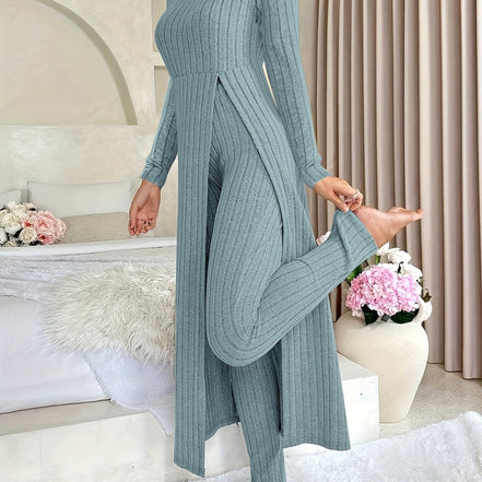 Plaid Two-Piece Sæt – Rundhalset Top med Slids & Matchende Bukser