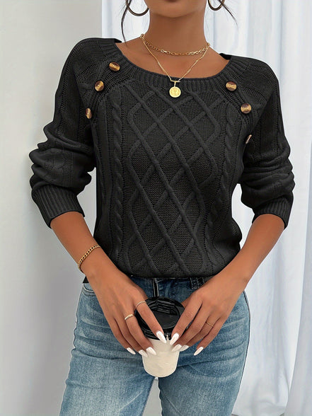 Ravella Strikbluse – Kvinde Sweater med Knapper og Firkantet Halsudskæring