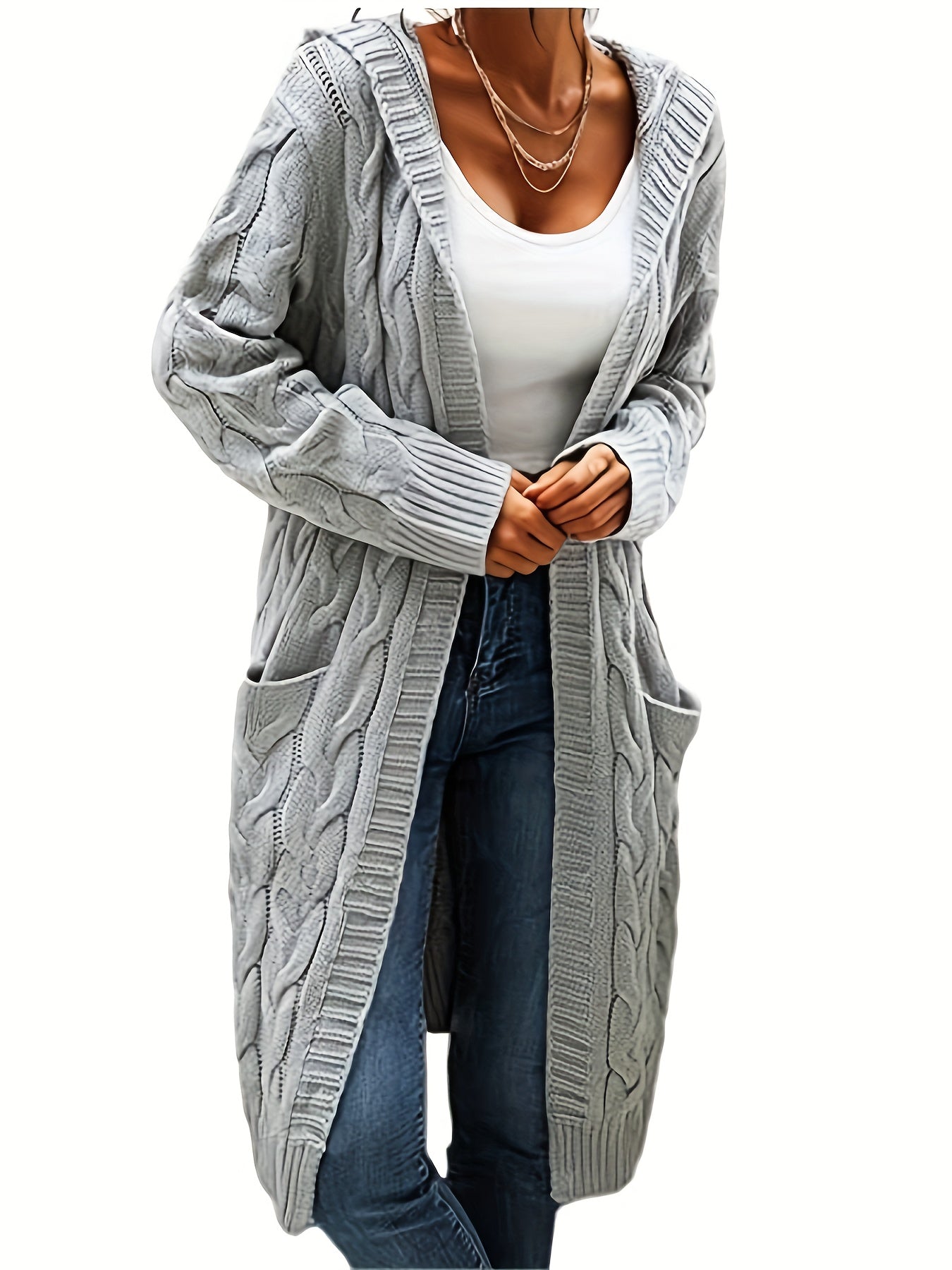 Selinna Hooded Knit Cardigan – Lang hættetrøje-cardigan i strik med lommer