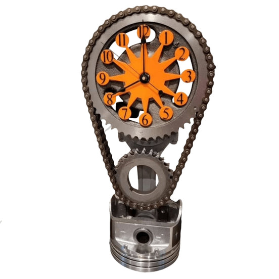 Gearonix zegar stołowy metalowy – industrialny design z obracającymi się kołami zębatymi