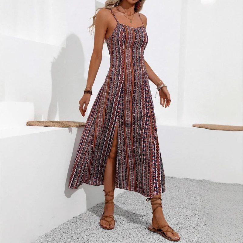 Serava Ærmeløs stribet kjole med stropper og slids