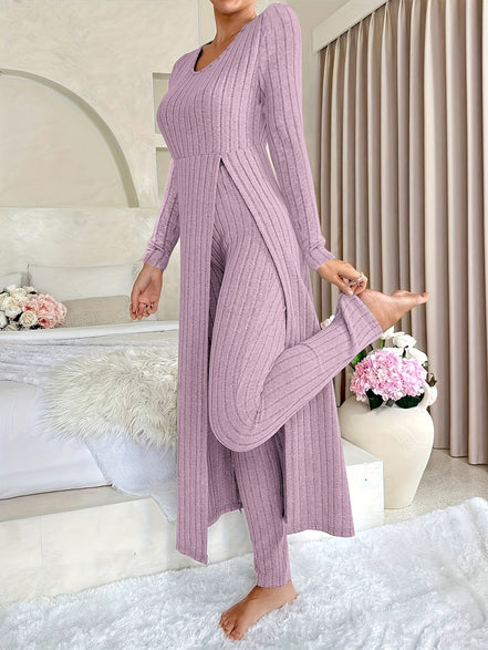 Plaid Two-Piece Sæt – Rundhalset Top med Slids & Matchende Bukser