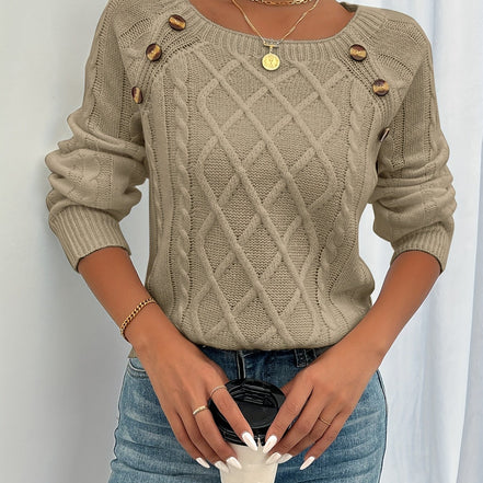 Ravella Strikbluse – Kvinde Sweater med Knapper og Firkantet Halsudskæring