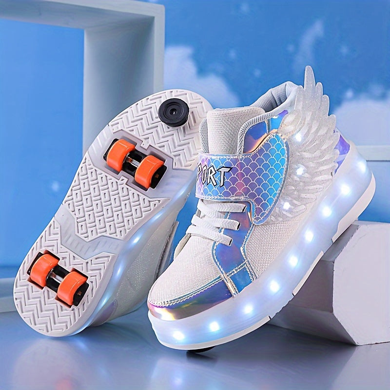 GlowSkate USB oplaadbare rolschaats sneakers met licht en vleugels – kleurrijke en comfortabele sneakers voor meisjes en tieners, ideaal voor plezier, buitenactiviteiten en avondritten.