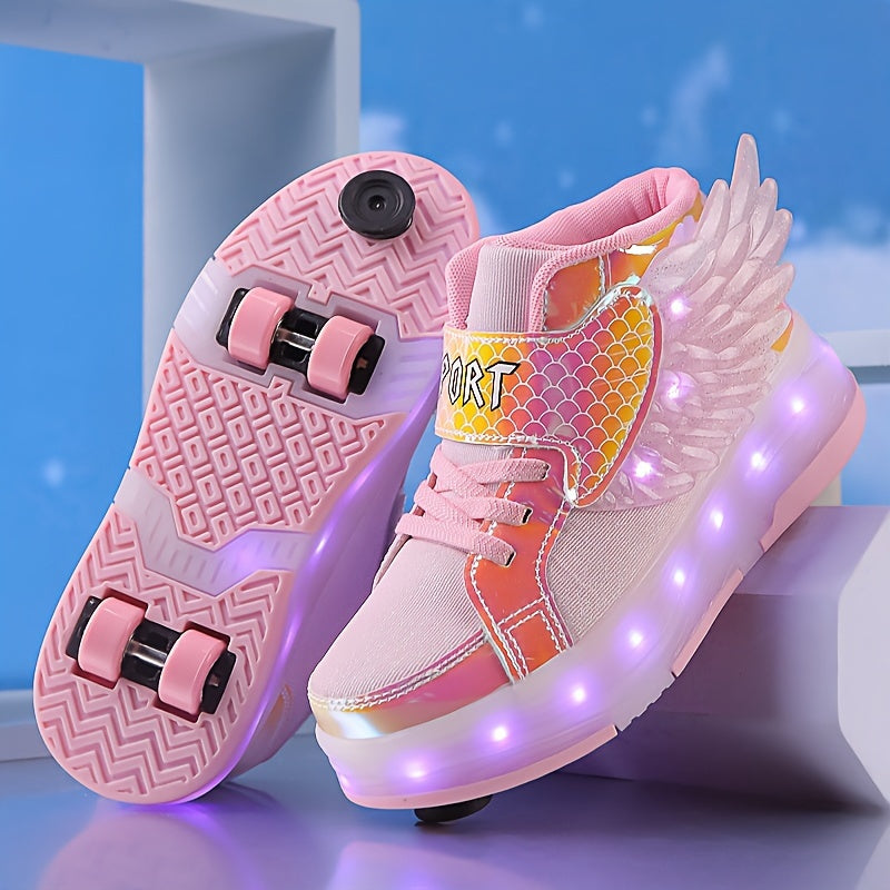 GlowSkate USB oplaadbare rolschaats sneakers met licht en vleugels – kleurrijke en comfortabele sneakers voor meisjes en tieners, ideaal voor plezier, buitenactiviteiten en avondritten.