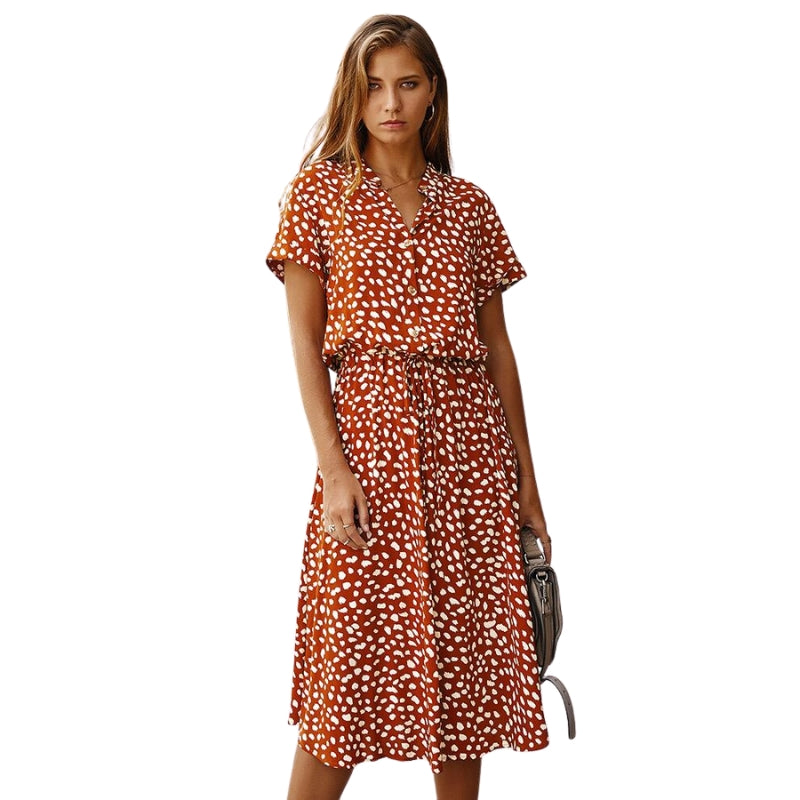 Dame kjole med korte ærmer, justerbar talje og print – afslappet kjole til hverdag og fritid – Velmira