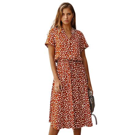 Dame kjole med korte ærmer, justerbar talje og print – afslappet kjole til hverdag og fritid – Velmira