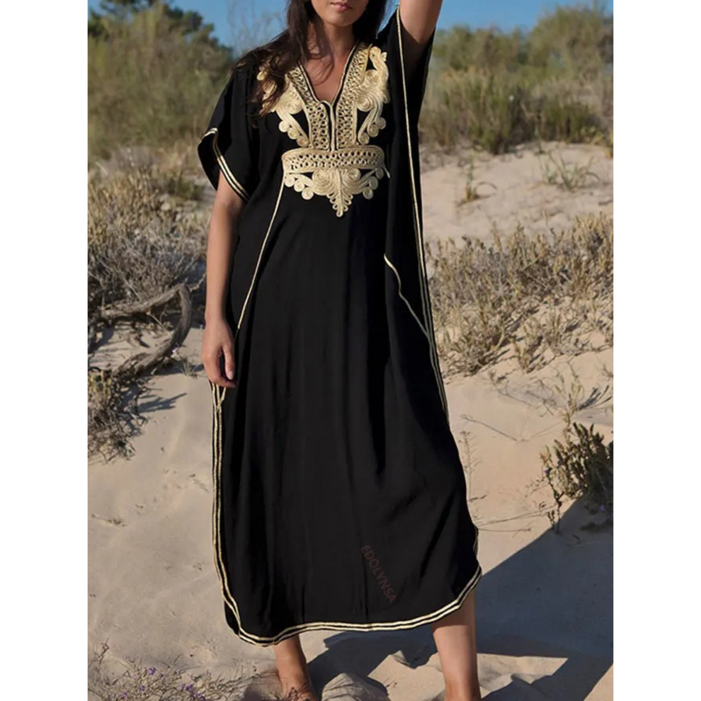 Calira kjole dame – kaftan med V-udskæring og løs pasform