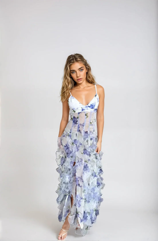 Floriva kjole til kvinder med blomsterprint, justerbare stropper og lang længde