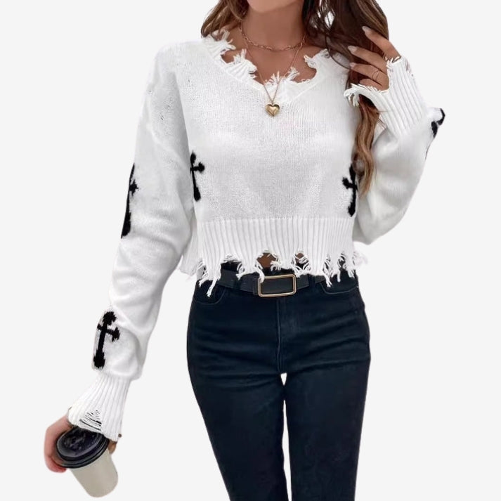 Sorina sweater med print og kvastdetaljer