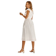 Dame midi kjole uden ærmer med V-hals og høj talje – let kjole til hverdag og fritid – Solmira