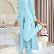 Plaid Two-Piece Sæt – Rundhalset Top med Slids & Matchende Bukser