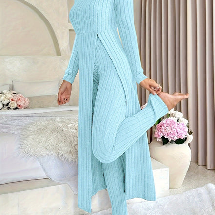 Plaid Two-Piece Sæt – Rundhalset Top med Slids & Matchende Bukser