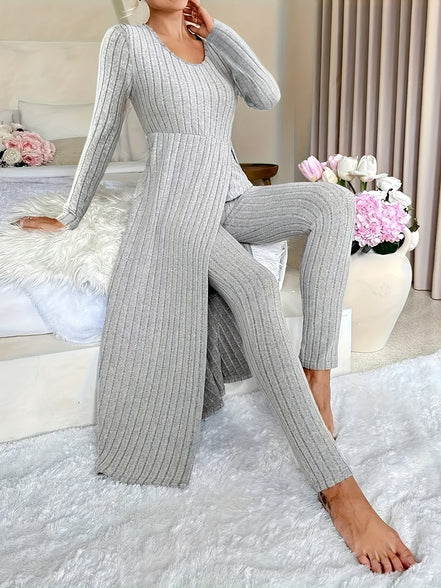 Plaid Two-Piece Sæt – Rundhalset Top med Slids & Matchende Bukser